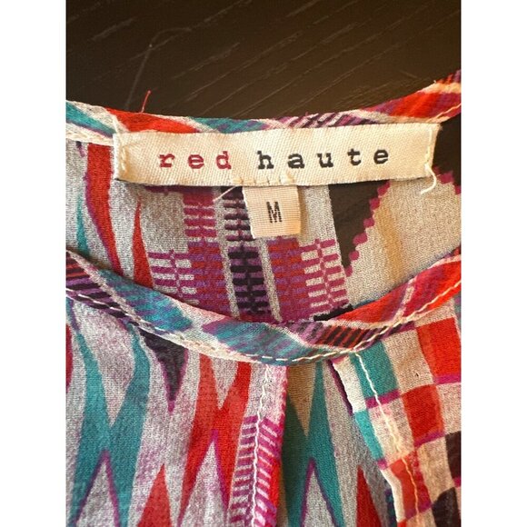Red Haute 100% Silk Sheer Sleeveless Geometric Print Blouse M Colorful - Picture 2 of 5